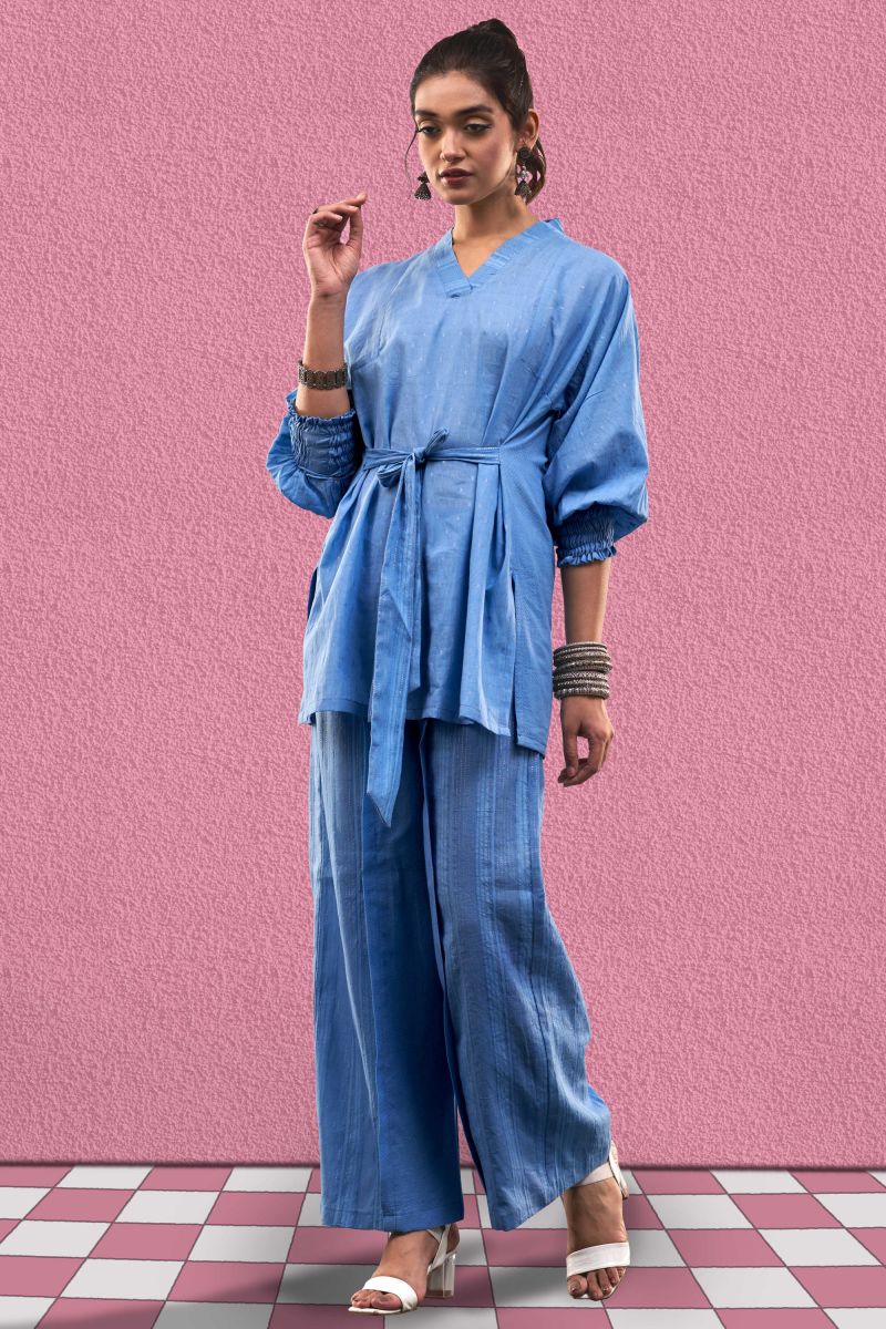 Blue Color Party Wear Designer Cotton Jacquard Readymade Co Ord Set