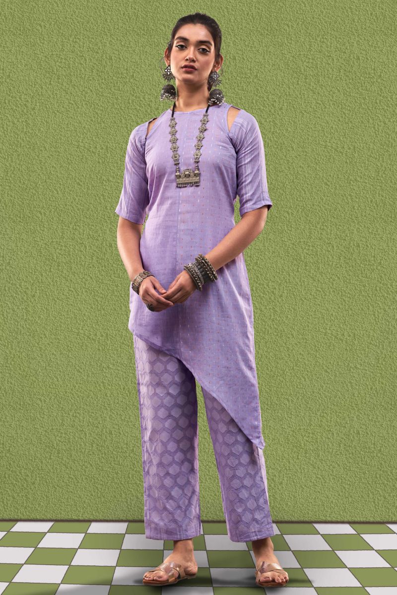 Lavender Color Cotton Jacquard Designer Party Wear Readymade Fusion Kurta Set