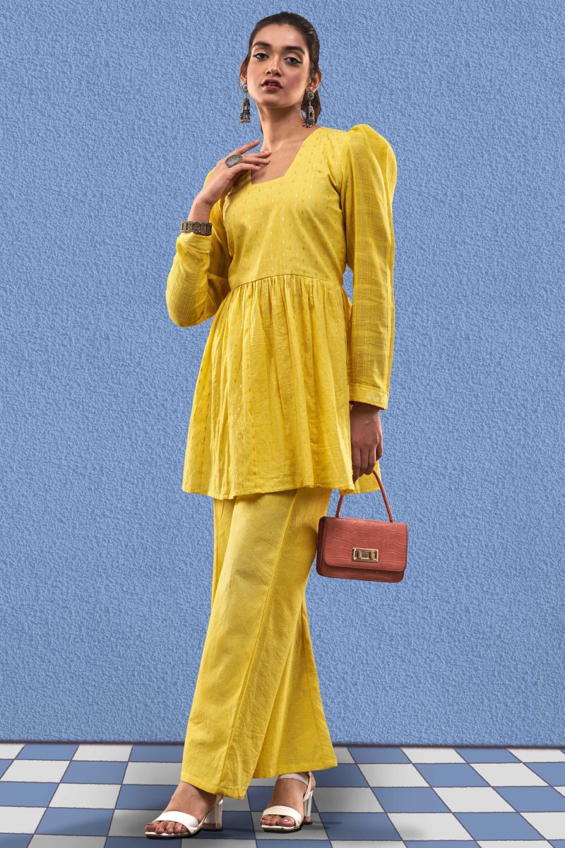 Yellow Color Cotton Jacquard Designer Readymade Fusion Kurta Set For Party Wear