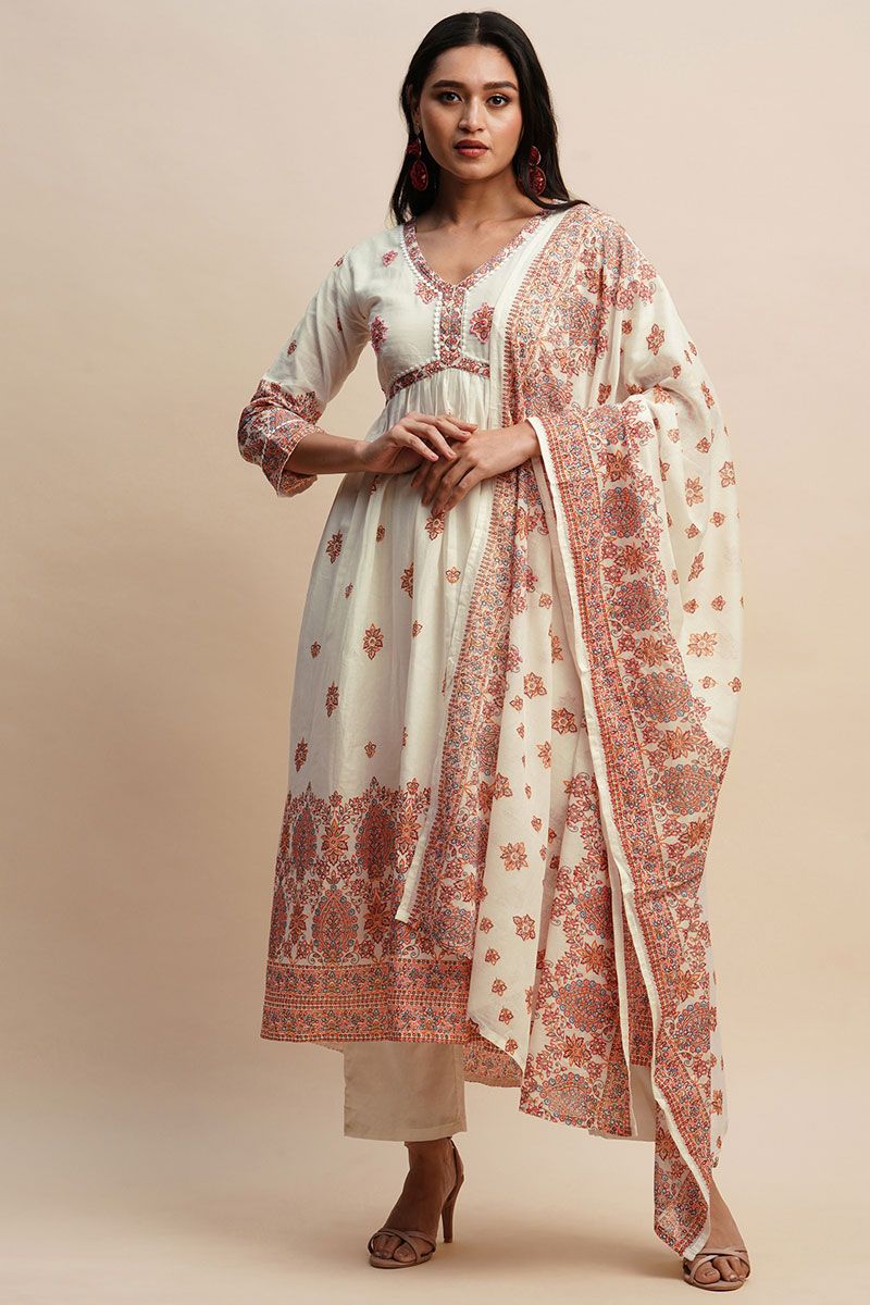 White and Peach Fashionable Casual Printed Salwar Suit in Cotton Fabric