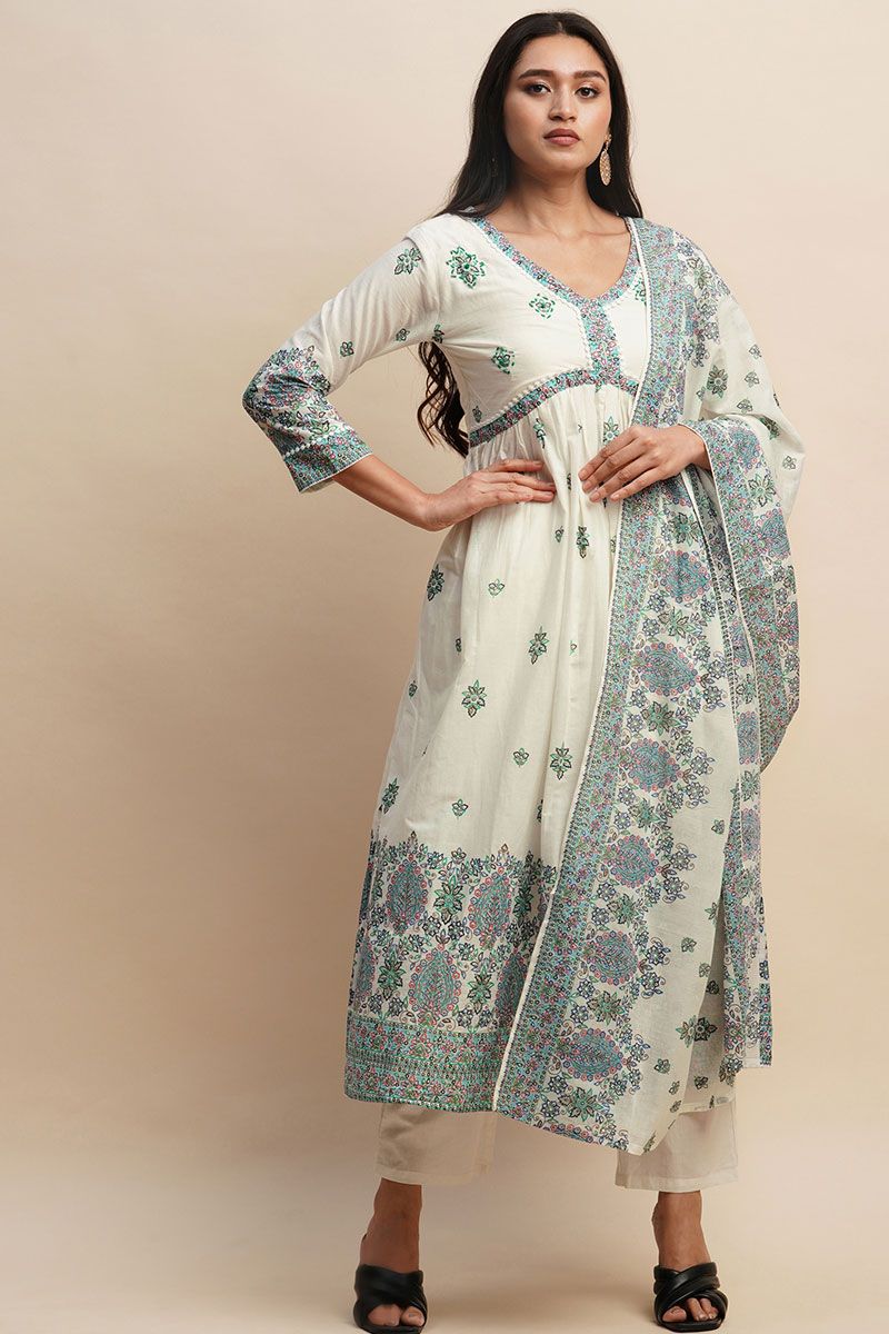 White and Blue Printed Cotton Salwar Suit for Casual Occasions