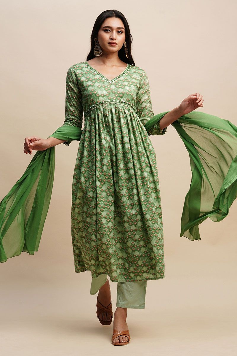 Trendy Casual Green Salwar Suit in Cotton with Eye Catching Prints