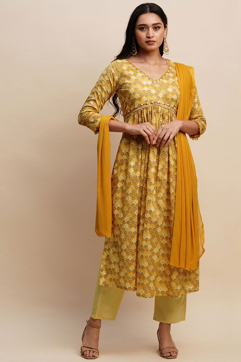 Casual Cotton Mustard Salwar Suit with Exquisite Printed Work