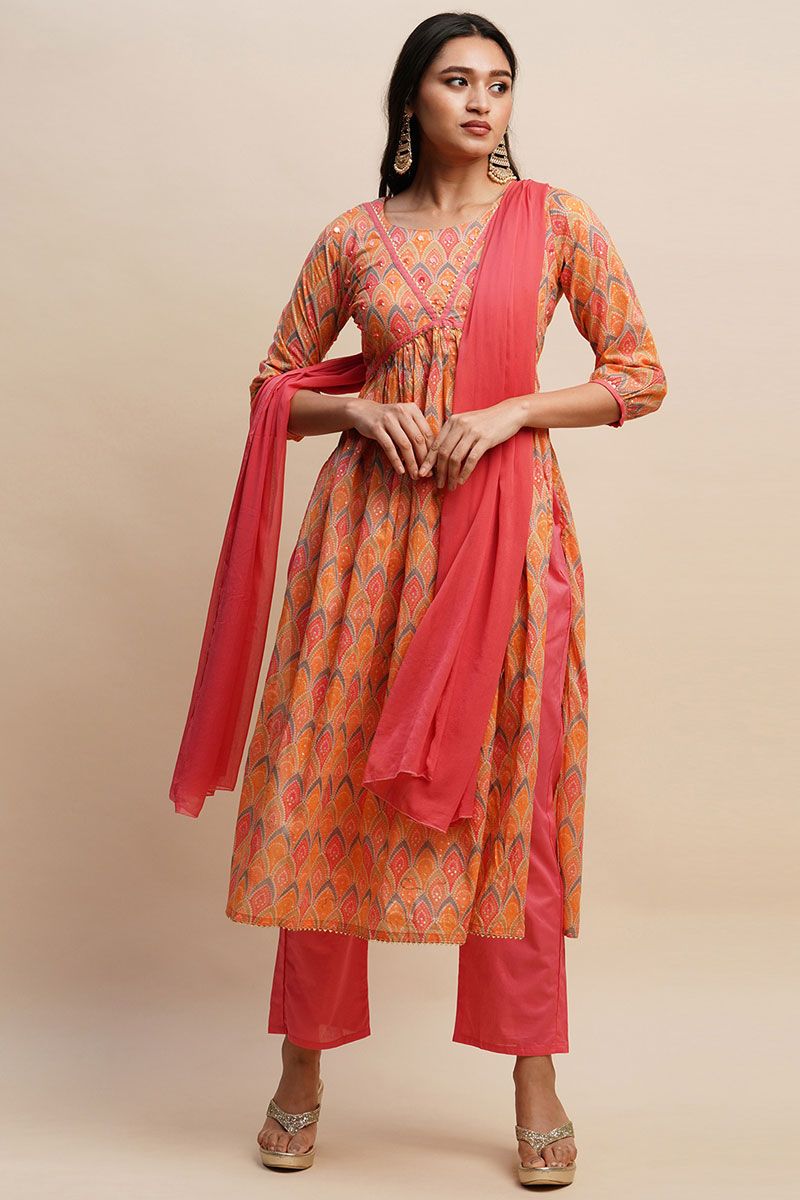 Comfortable Printed Salwar Suit in Orange Cotton Fabric