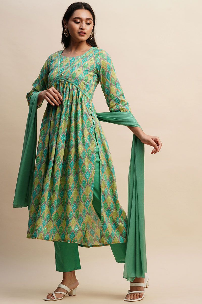 Sea Green Cotton Salwar Suit With Vibrant Printed Design For Casual Occasions