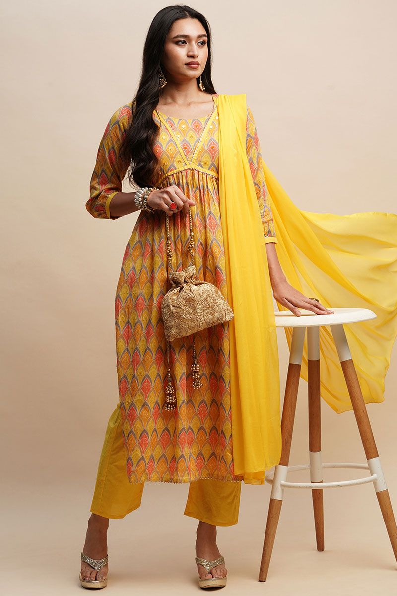 Comfortable Yellow Cotton Salwar Suit with Printed Patterns For Casual Wear