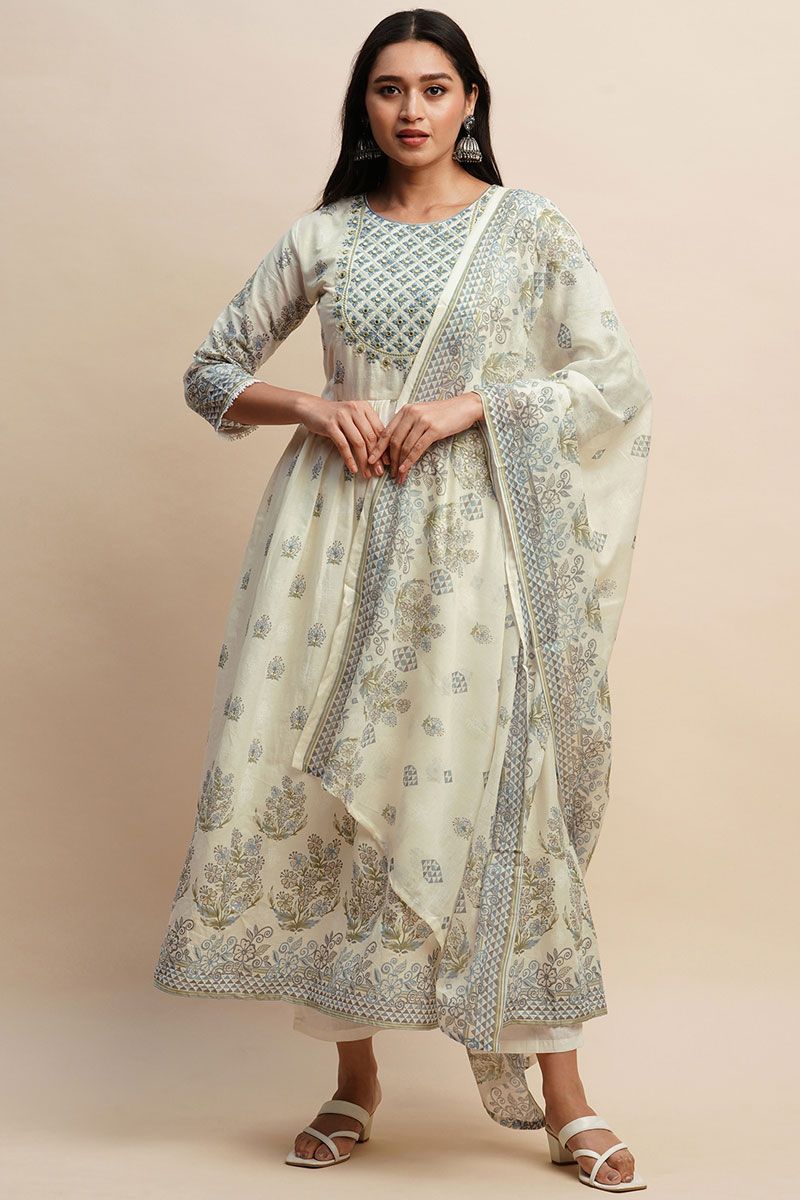 Stylish Printed Cotton White and Blue Salwar Suit Perfect For Everyday Casual Outfit