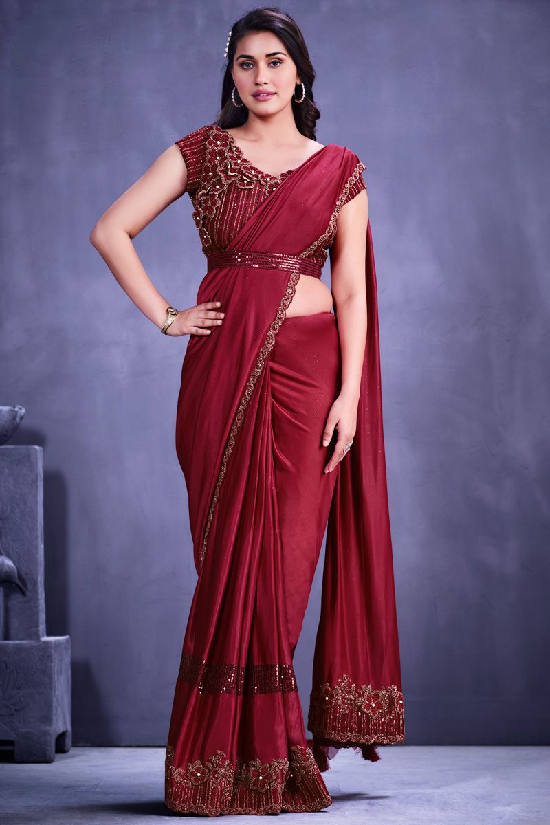 Lycra Red Color Saree With Excellent Border Work