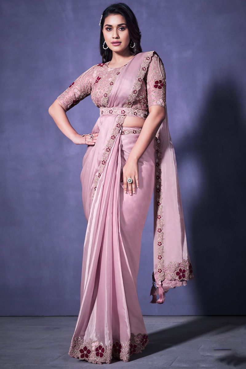 Pink Color Satin Silk Saree With Border Work