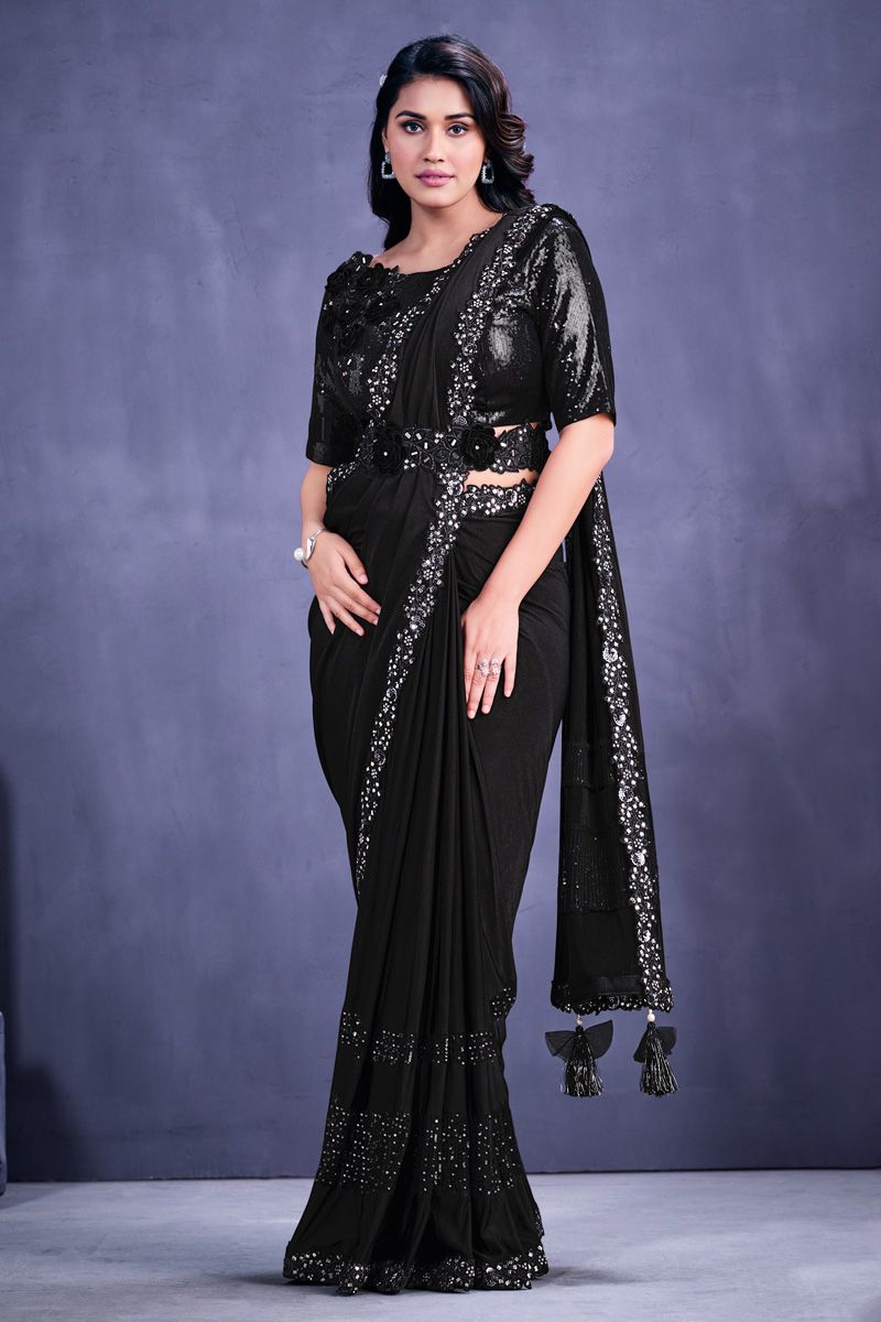 Border Work On Black Color Saree In Lycra Fabric