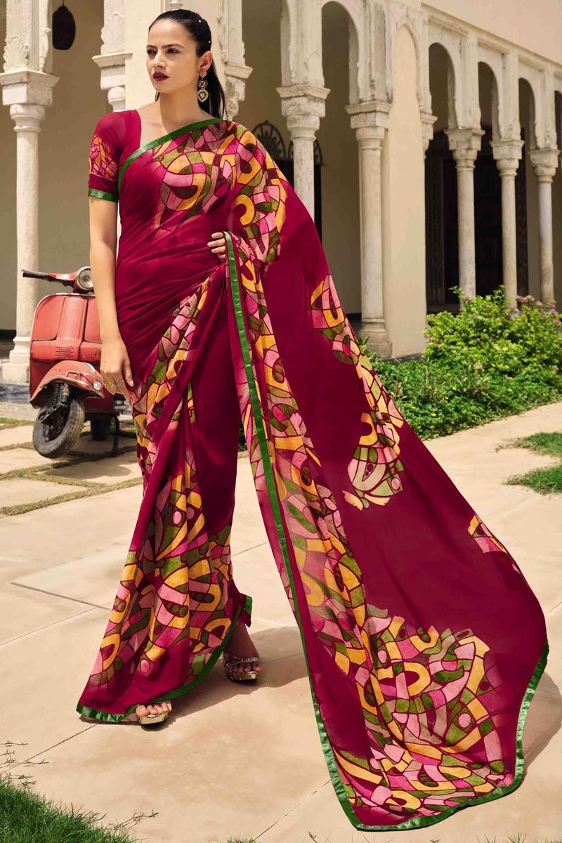 Dazzling Maroon Color Printed Saree In Georgette Fabric