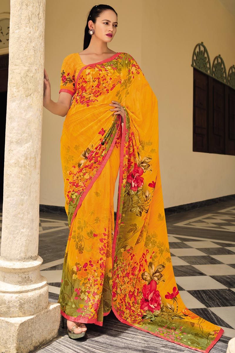 Georgette Fabric Yellow Color Winsome Printed Saree