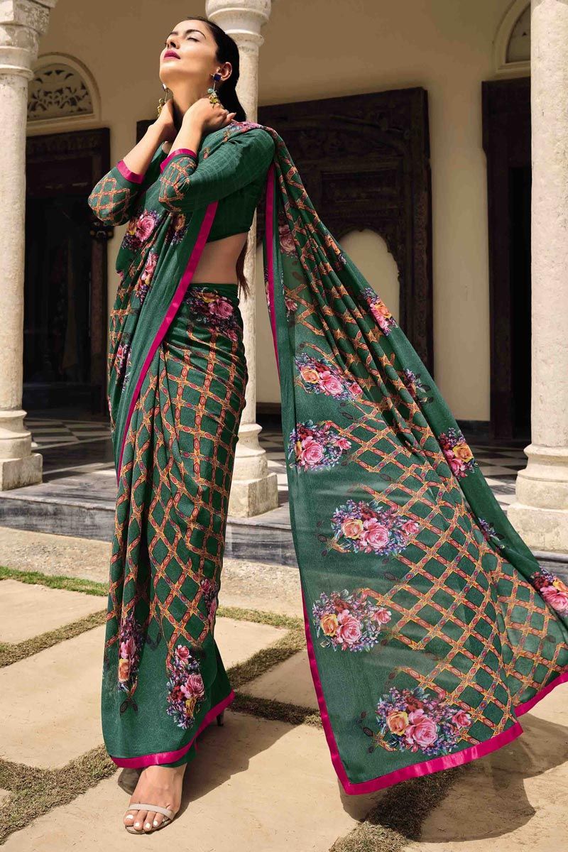 Creative Printed Green Color Georgette Fabric Saree