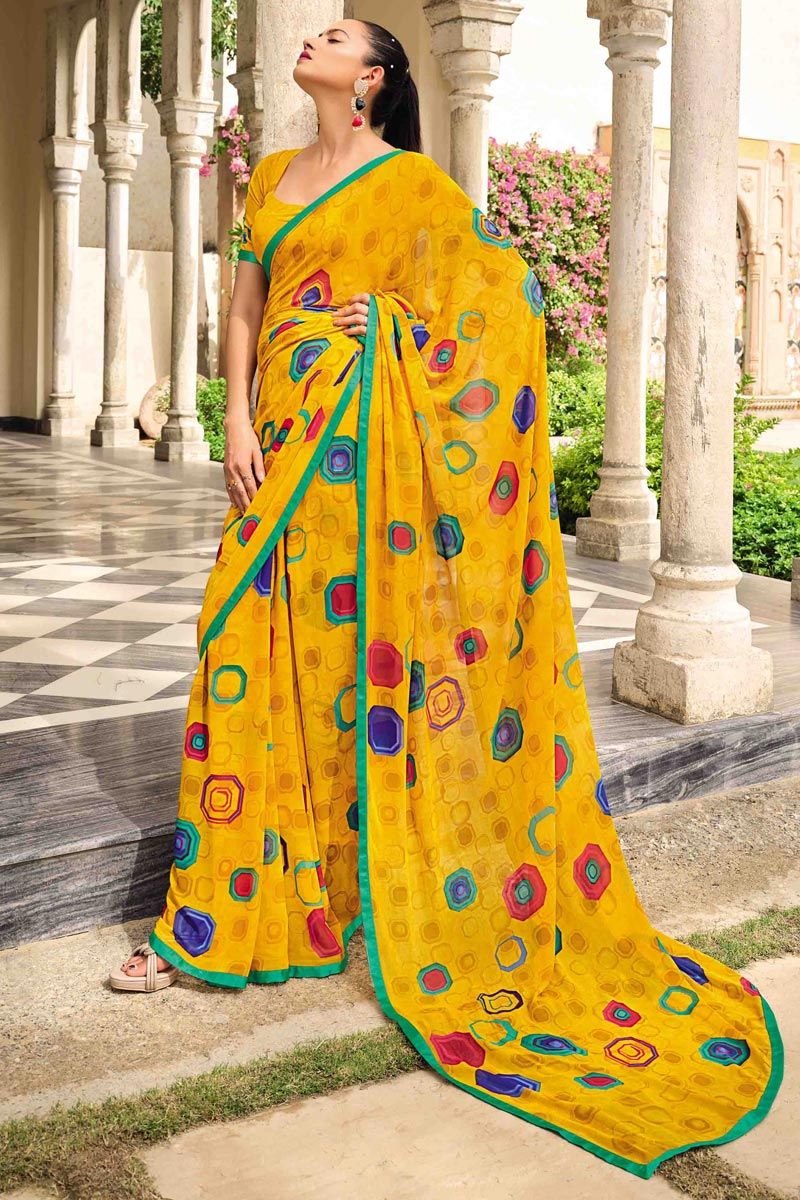 Beguiling Mustard Color Georgette Fabric Printed Saree