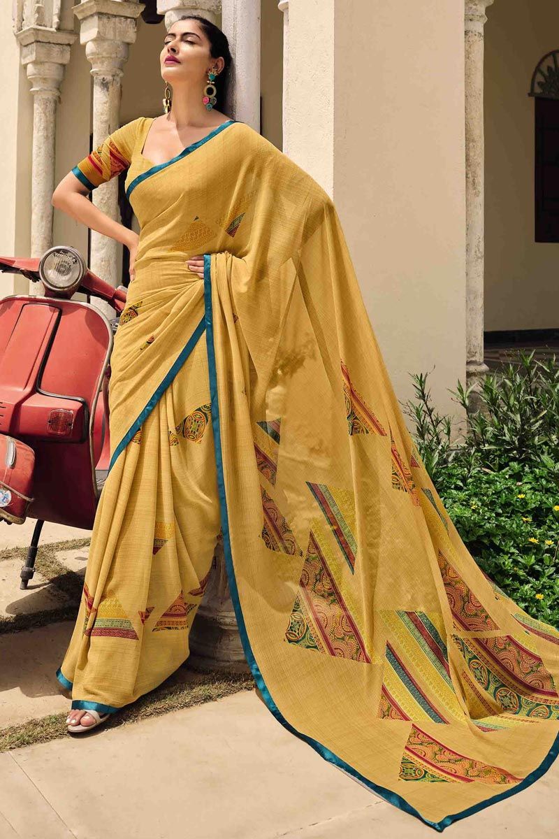 Tempting Georgette Fabric Beige Color Printed Saree