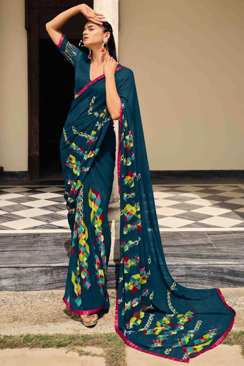 Engaging Teal Color Georgette Fabric Printed Saree