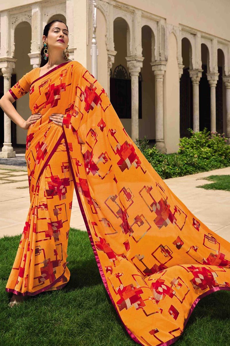 Classic Orange Color Printed Saree In Georgette Fabric