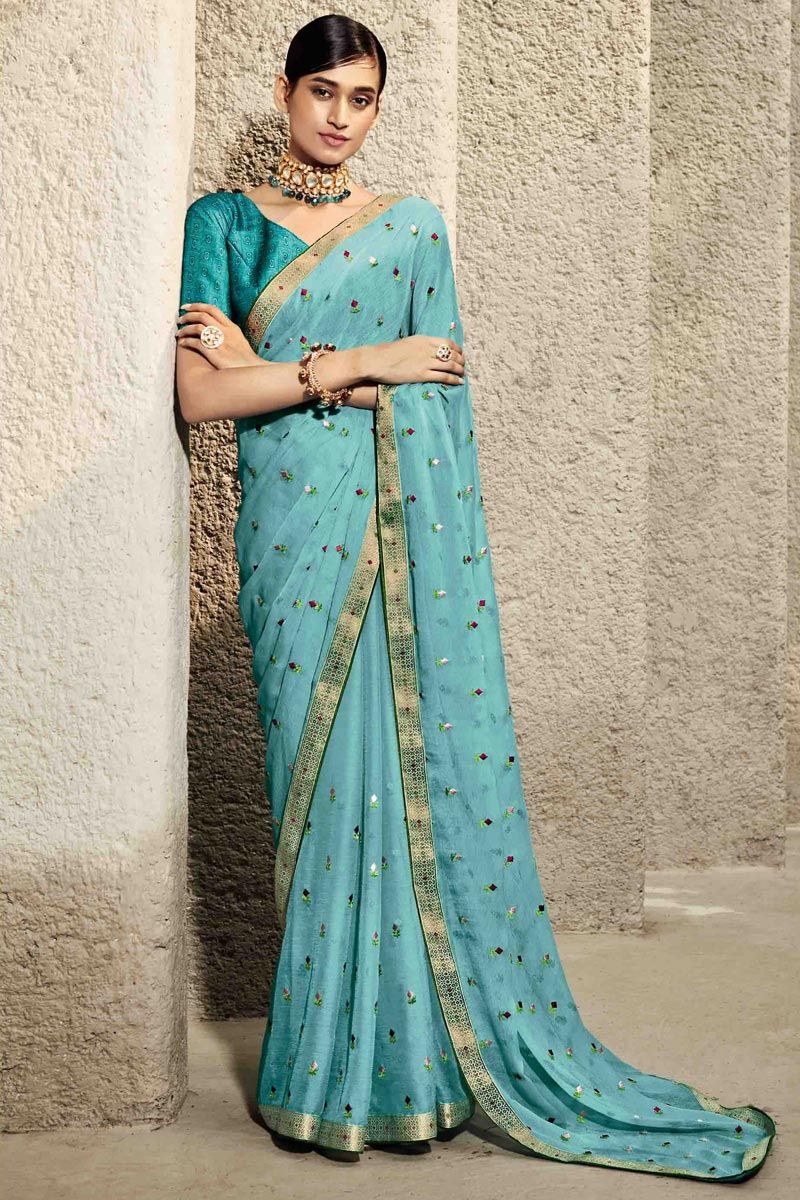 Radiant Blue Color Floral Embroidered Chiffon Saree