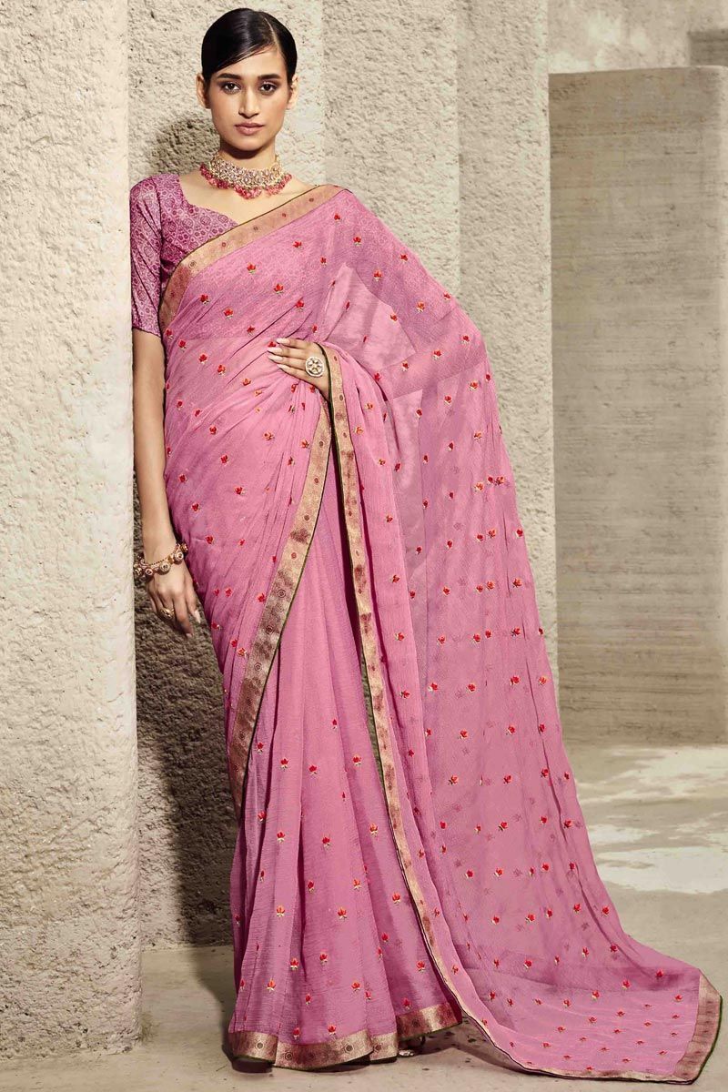 Pink Color Fetching Floral Embroidered Chiffon Saree