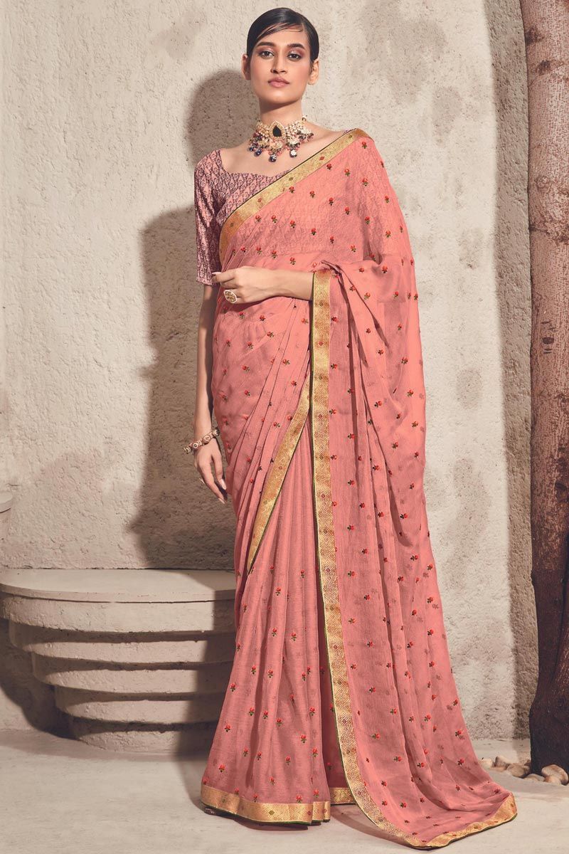 Peach Color Engaging Floral Embroidered Chiffon Saree