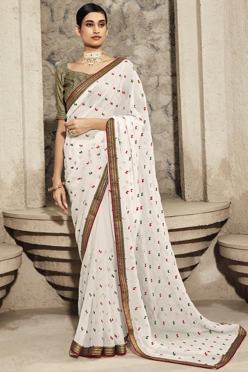 White Color Subline Work Floral Embroidered Chiffon Saree