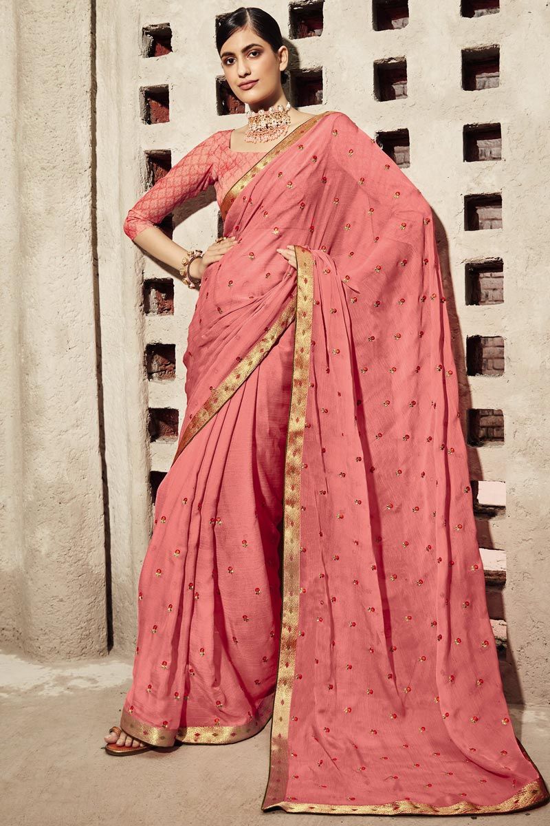 Pink Color Riveting Floral Embroidered Chiffon Saree