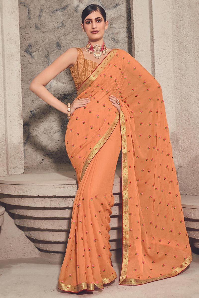 Orange Color Admirable Floral Embroidered Chiffon Saree