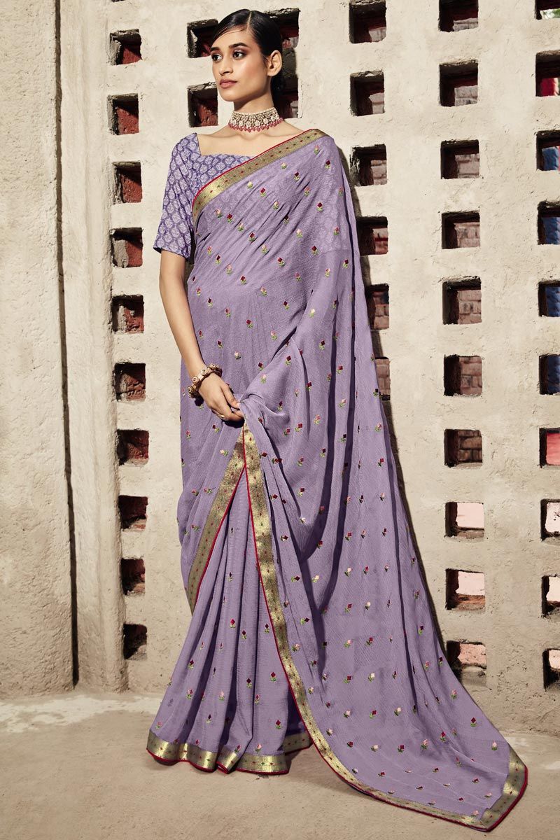 Purple Color Divine Floral Embroidered Chiffon Saree