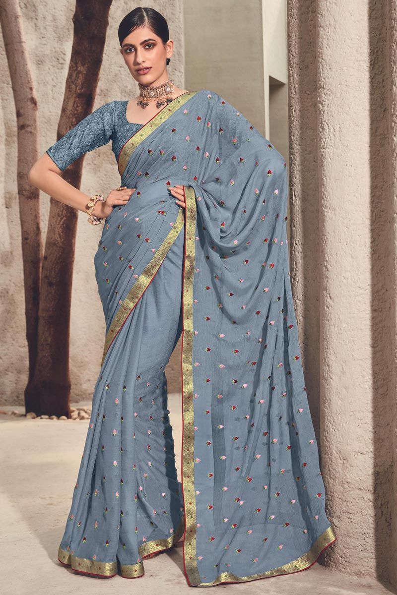 Grey Color Solid Floral Embroidered Chiffon Saree