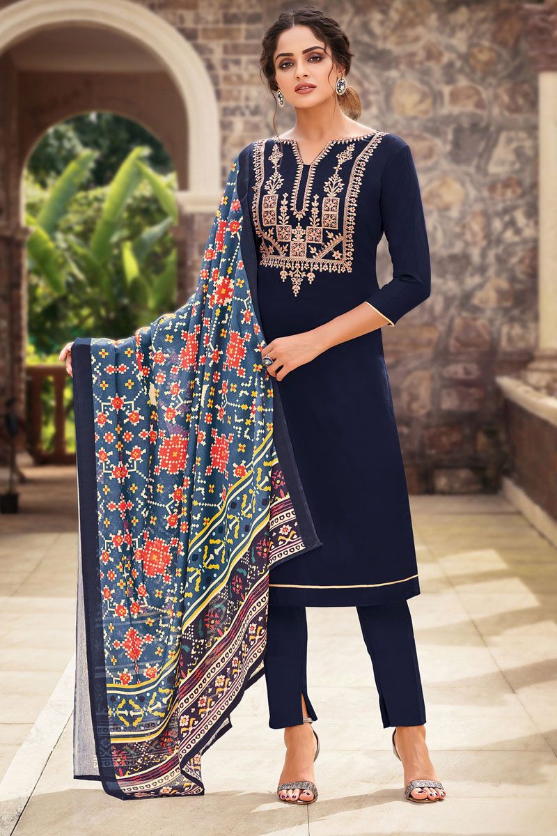 Navy Blue Color Cotton Fabric Casual Style Salwar Suit