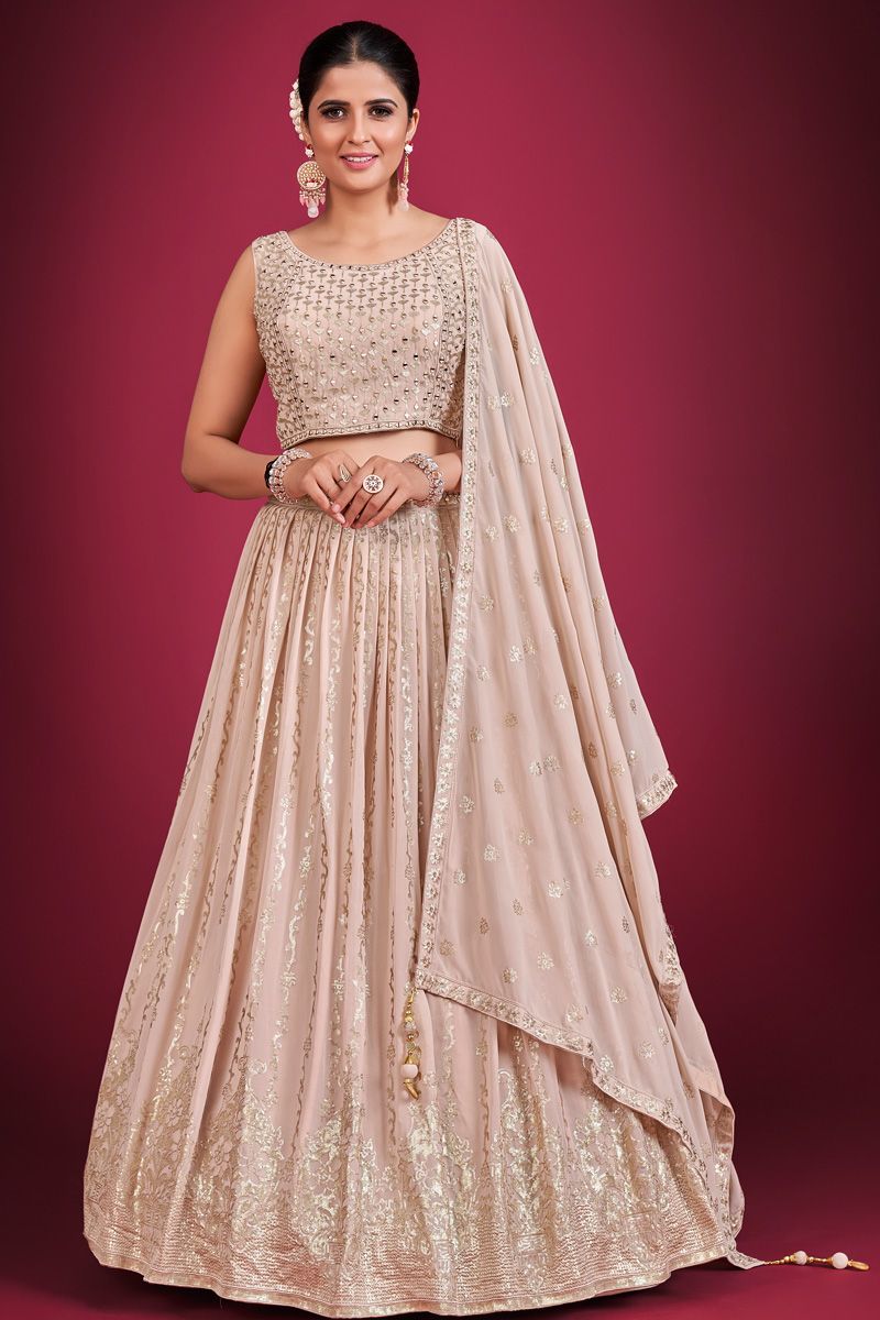 Georgette Fabric Peach Lehenga Choli With Stunning Sequins Work