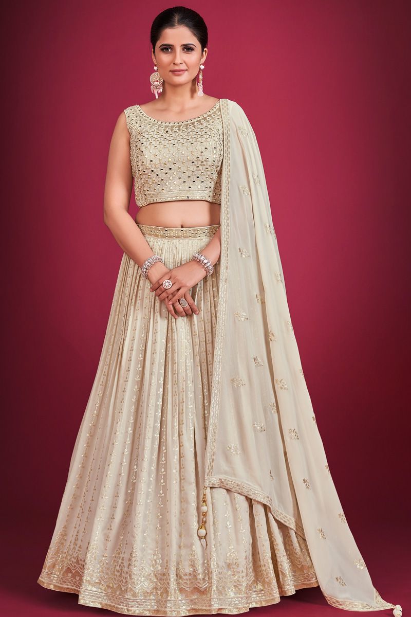 Lovely Cream Georgette Fabric Sequins Work Lehenga Choli