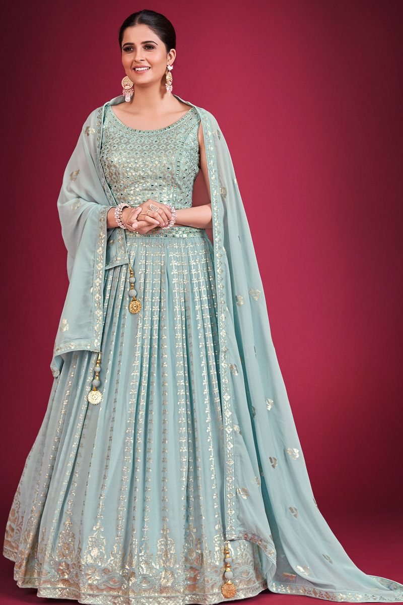 Pretty Sequins Work Georgette Fabric Sky Blue Lehenga Choli