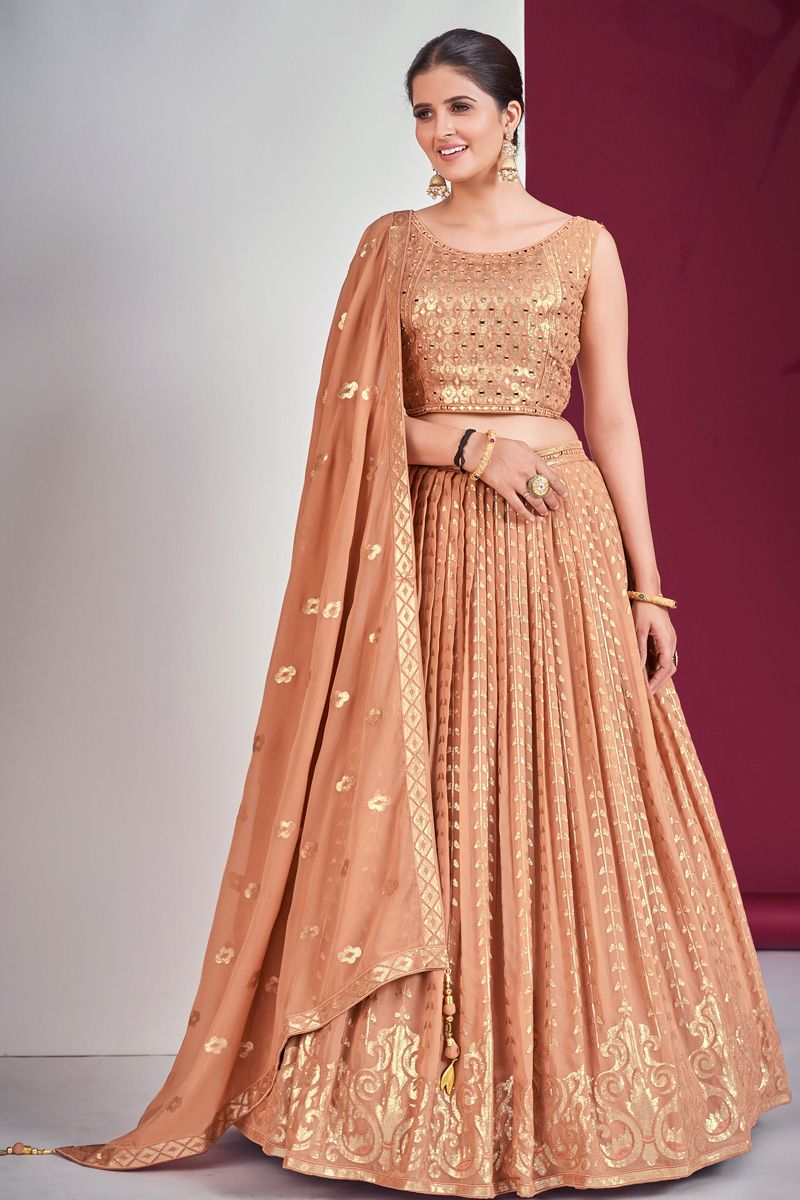 Sequins Mirror Work Georgette Lehenga in Peach