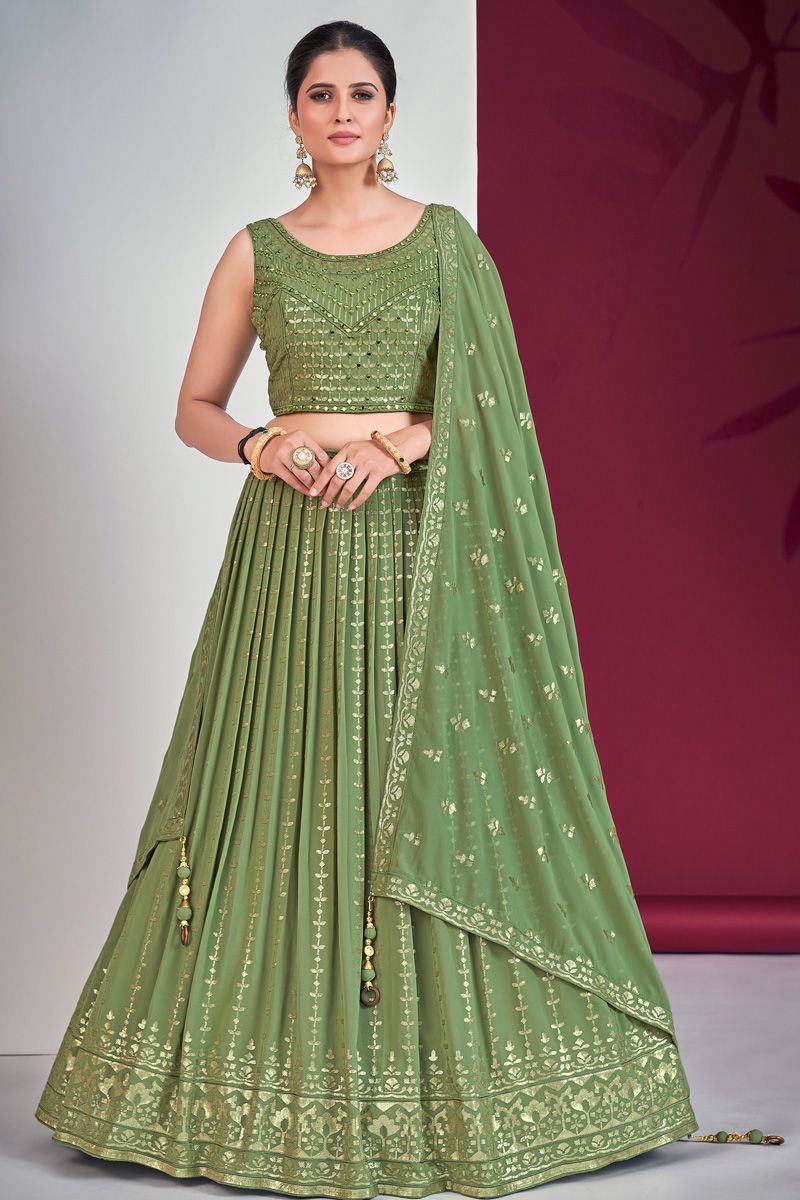 Sequins Mirror Work Georgette Lehenga in Green