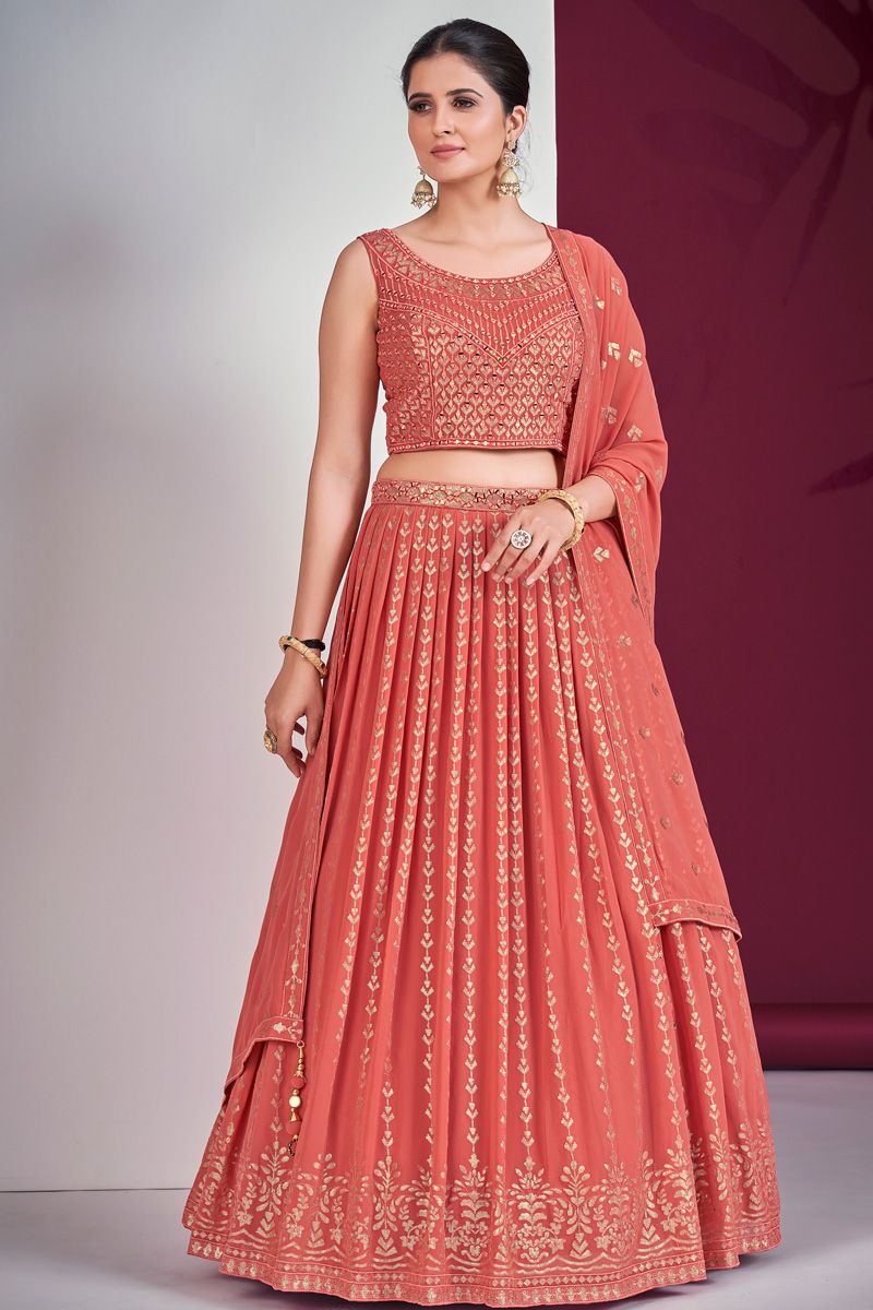 Sequins Mirror Work Georgette Lehenga in Orange