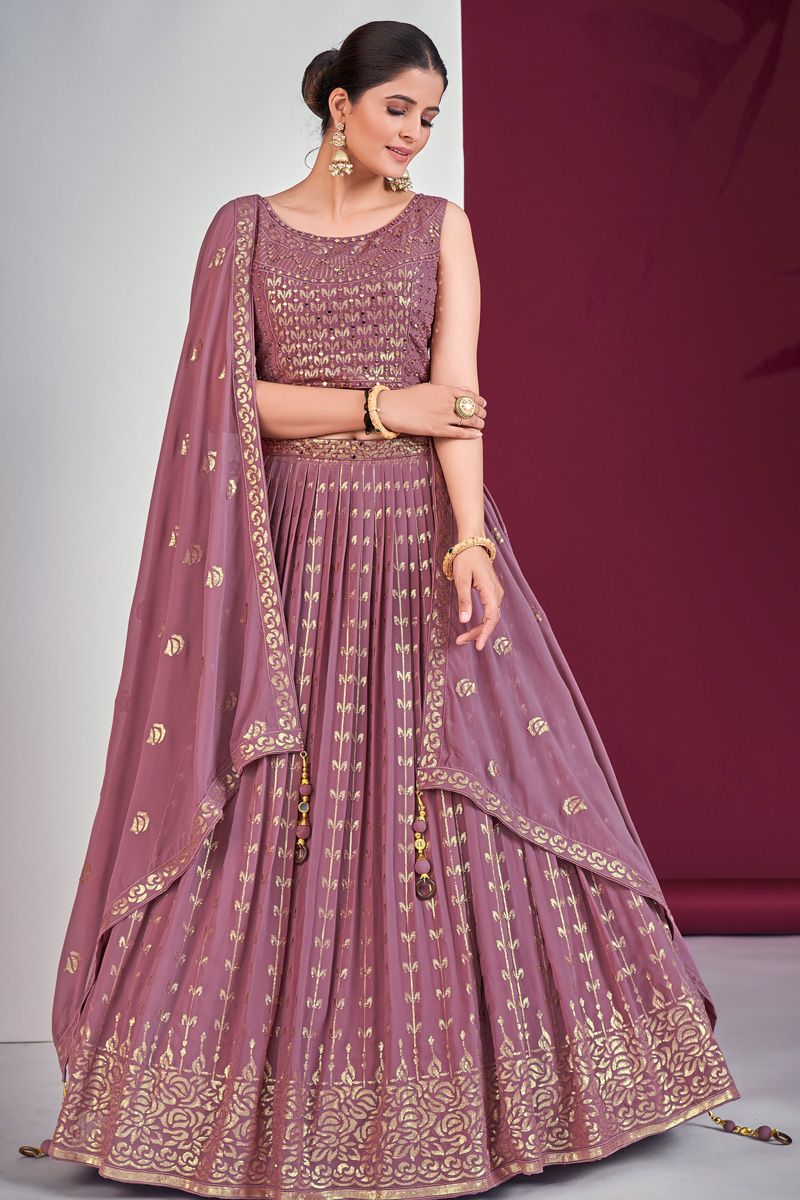 Sequins Mirror Work Georgette Lehenga in Lavender