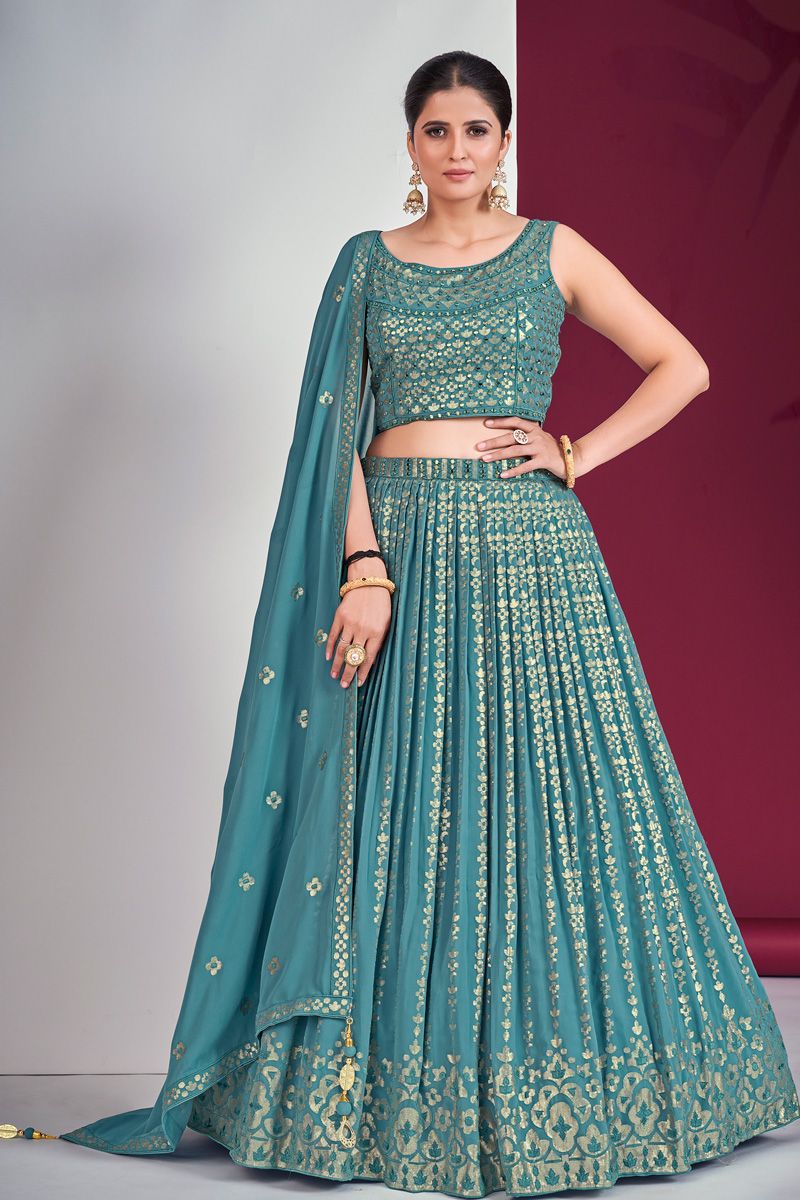 Sequins Mirror Work Georgette Lehenga in Teal Blue