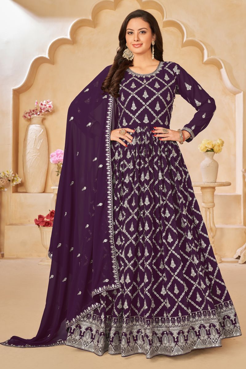 Purple Color Festive Wear Embroidered Long Anarkali Salwar Suit In Georgette Fabric