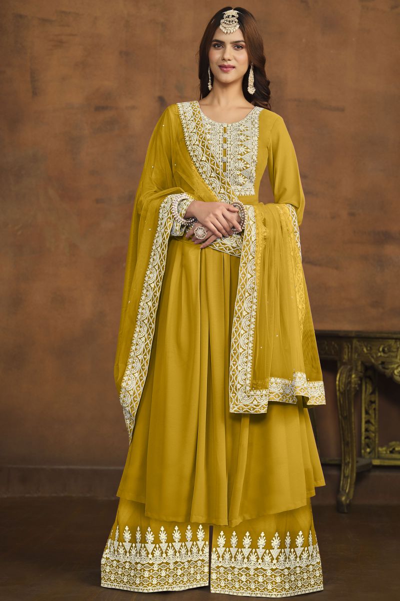 Georgette Yellow Color Festive Wear Palazzo Suit