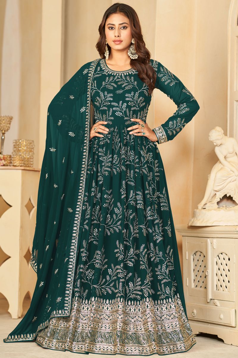 Georgette Fabric Dark Green Color Embroidered Anarkali Suit