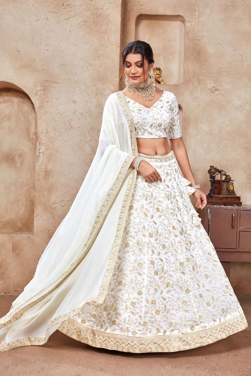 Amazing Sequins Work On White Color Fancy Fabric Lehenga