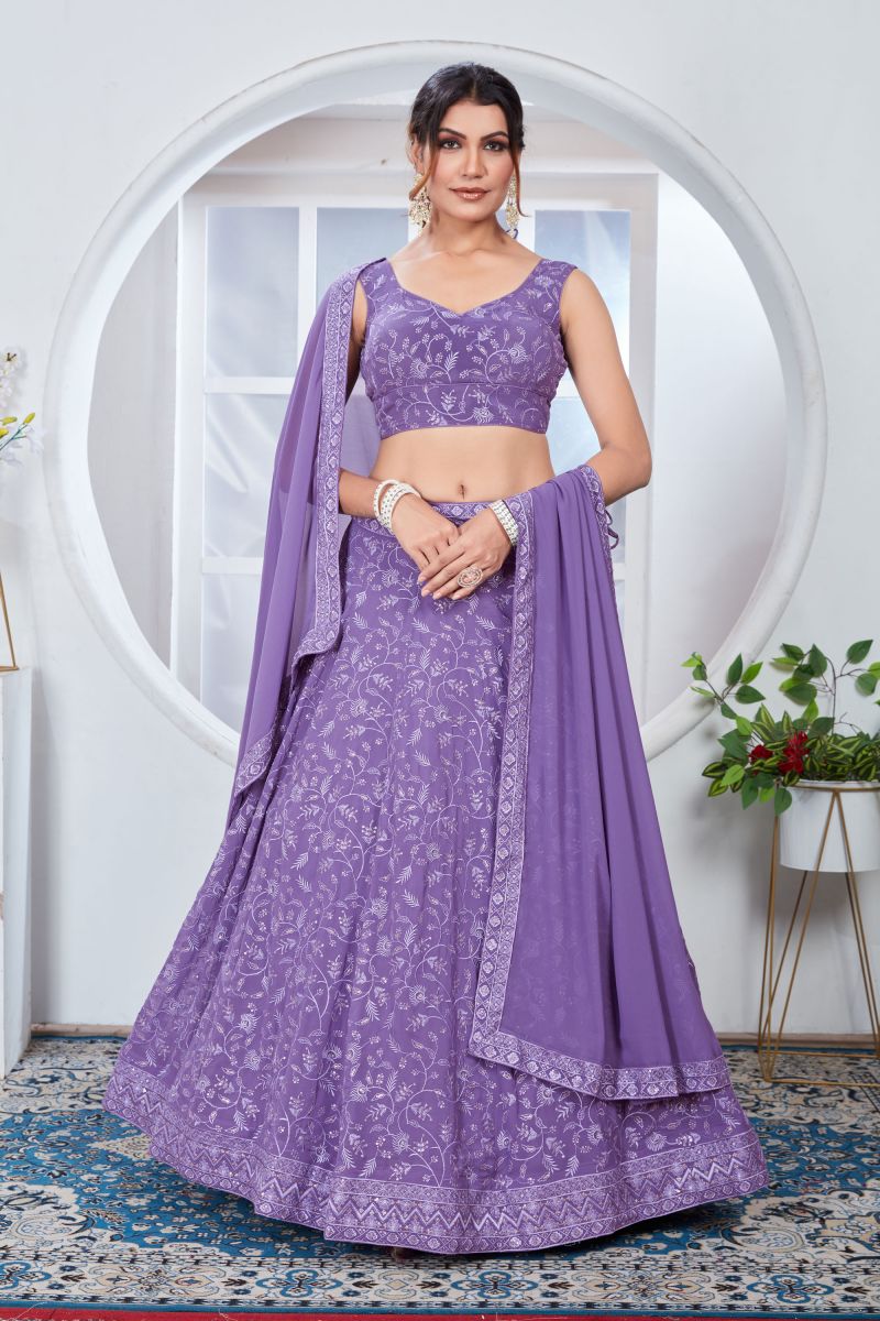 Lavender Color Sequins Work On Georgette Fabric Chic Lehenga