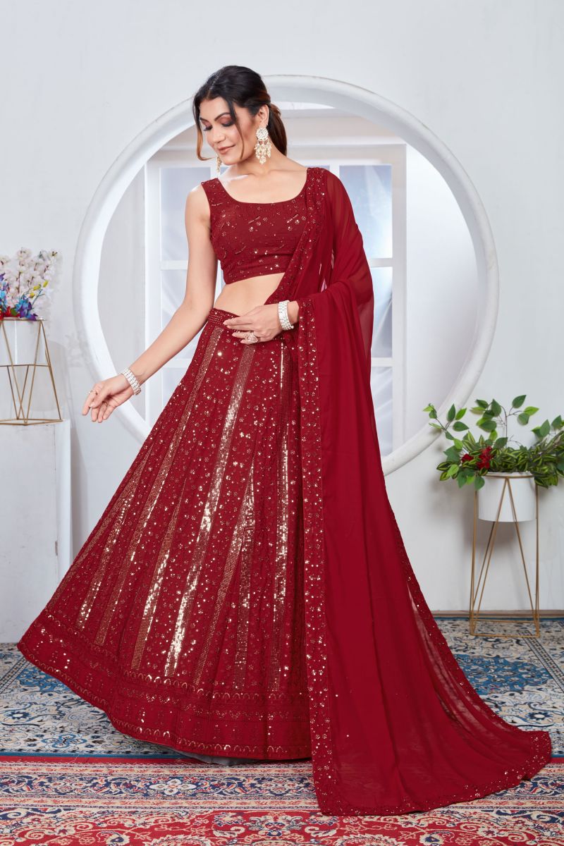 Soothing Sequins Work On Maroon Color Georgette Fabric Lehenga