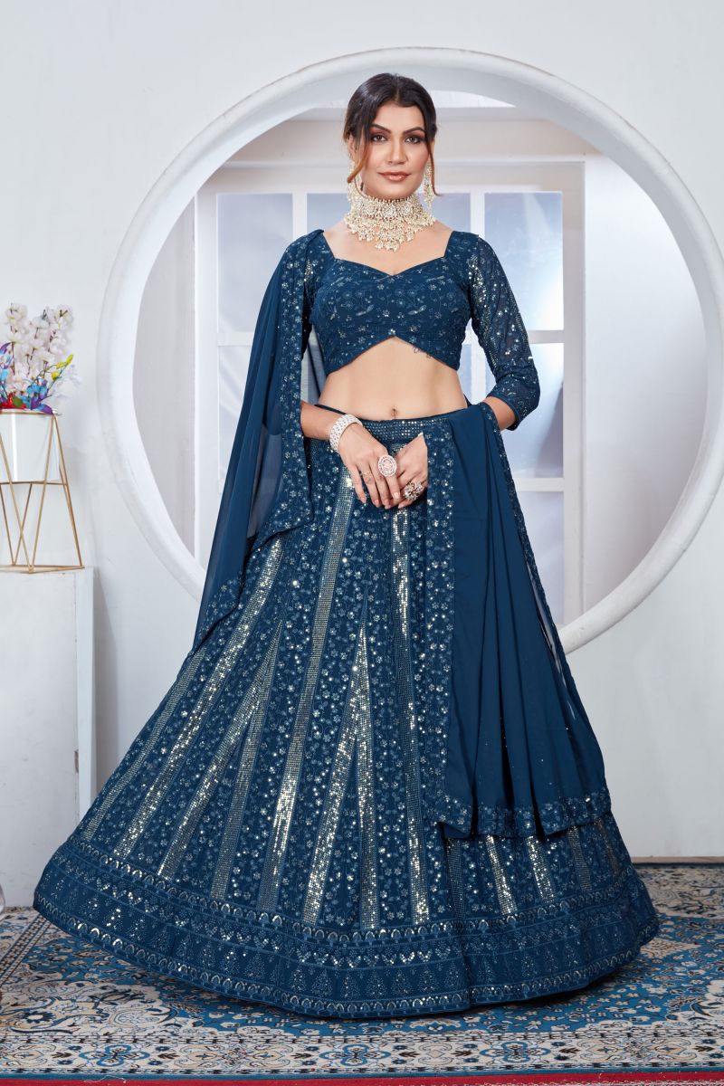 Sequins Work On Georgette Fabric Teal Color Gorgeous Lehenga