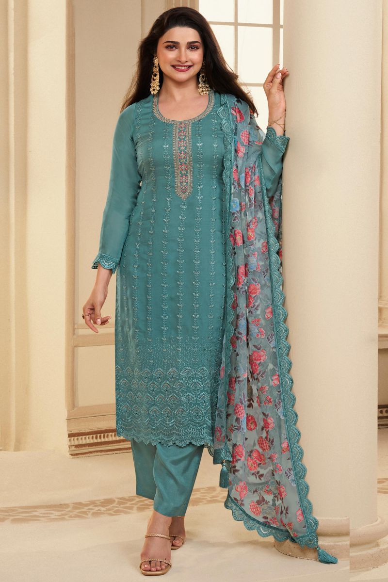 Prachi Desai Sea Green Color Organza Fabric Tempting Salwar Suit