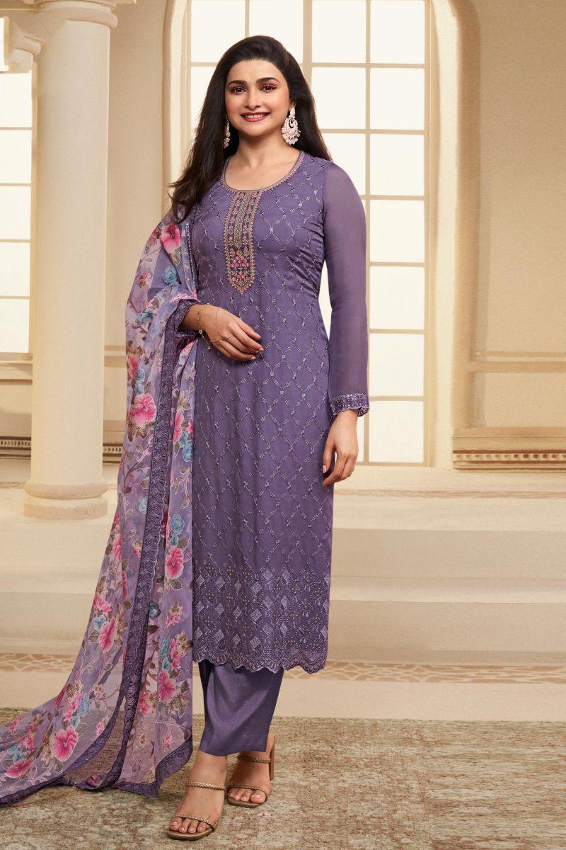 Prachi Desai Lavender Color Organza Fabric Awesome Salwar Suit