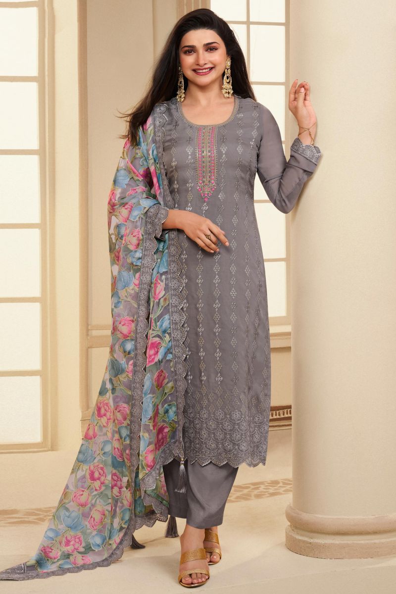 Prachi Desai Organza Fabric Beatific Salwar Suit In Grey Color