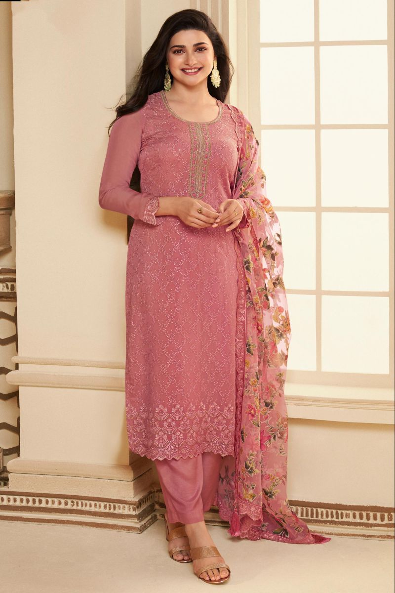 Prachi Desai Peach Color Inventive Salwar Suit In Organza Fabric