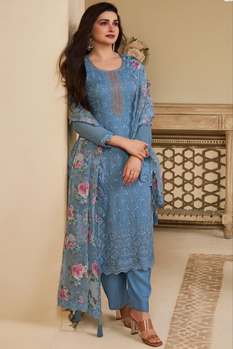 Prachi Desai Blue Color Organza Fabric Alluring Salwar Suit